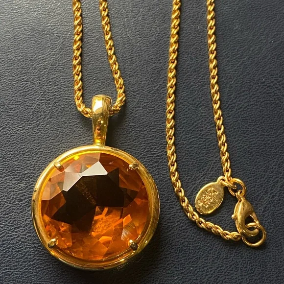 JOAN RIVERS Topaz AMBER COLOR Glass Pendant Gold Tone Chunky Chain Necklace - Picture 1 of 8